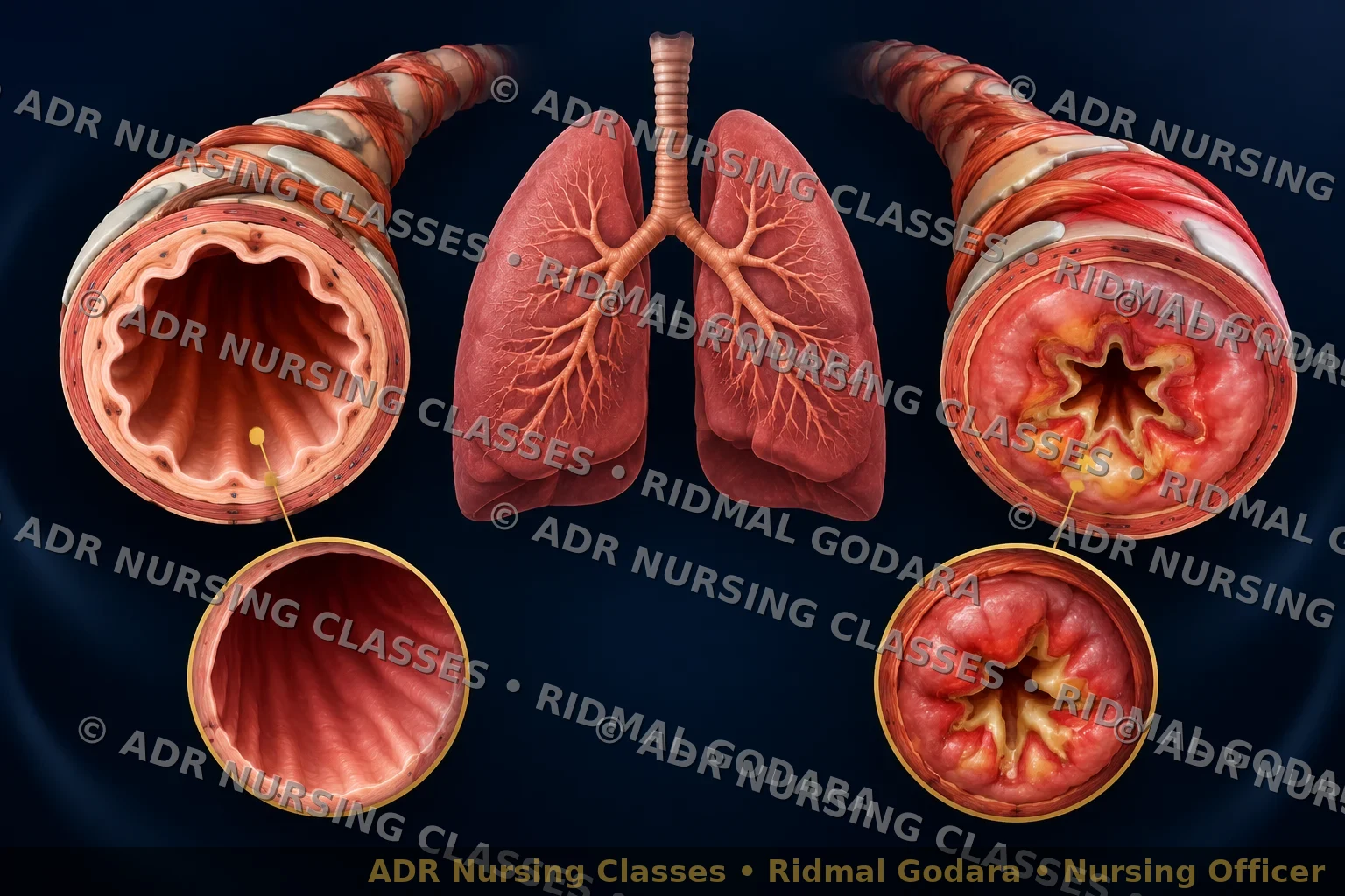 Diagram showing narrowed inflamed airways in asthma compared with normal airways