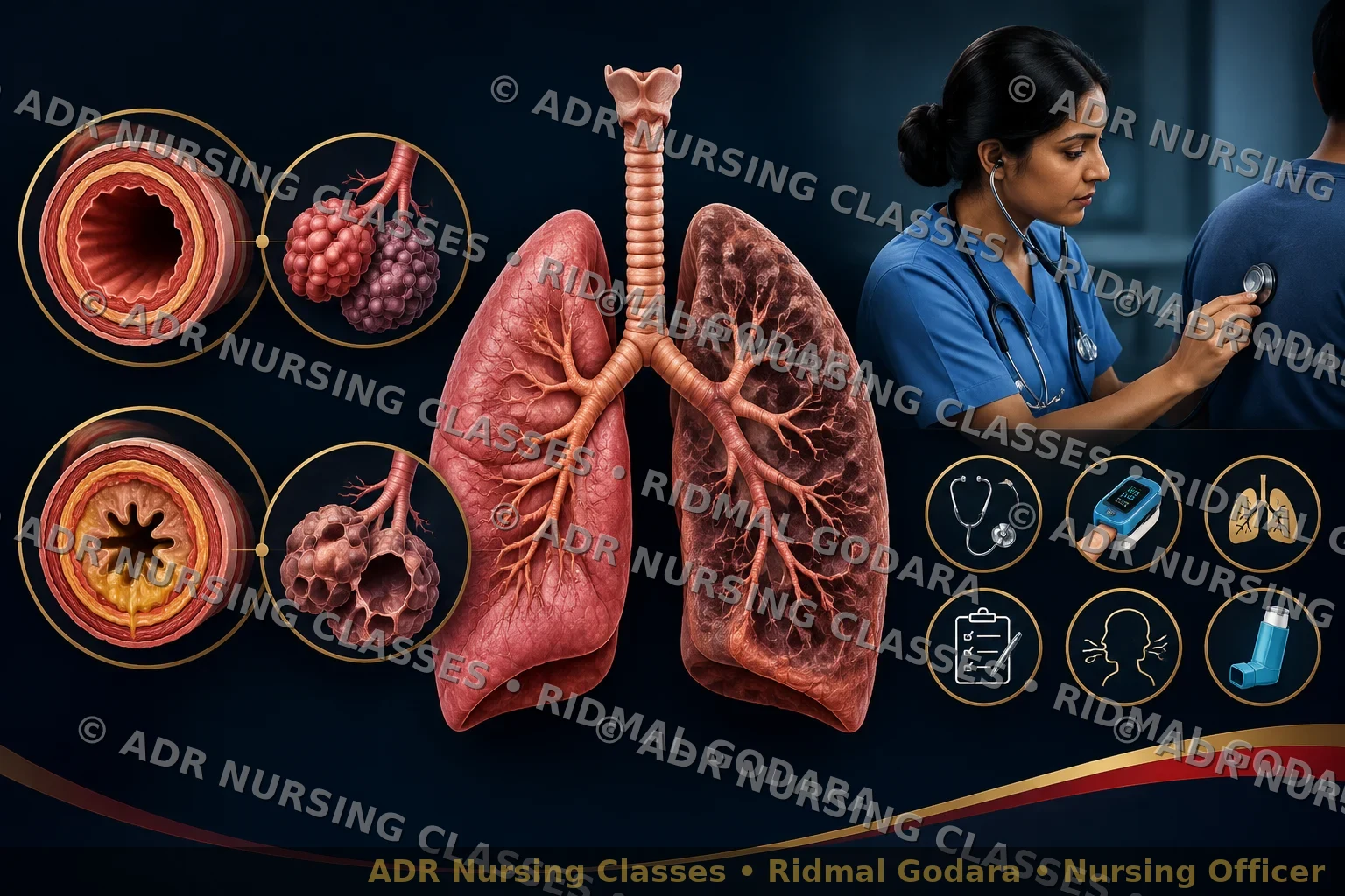 Educational diagram showing obstructed airways and nursing assessment in COPD