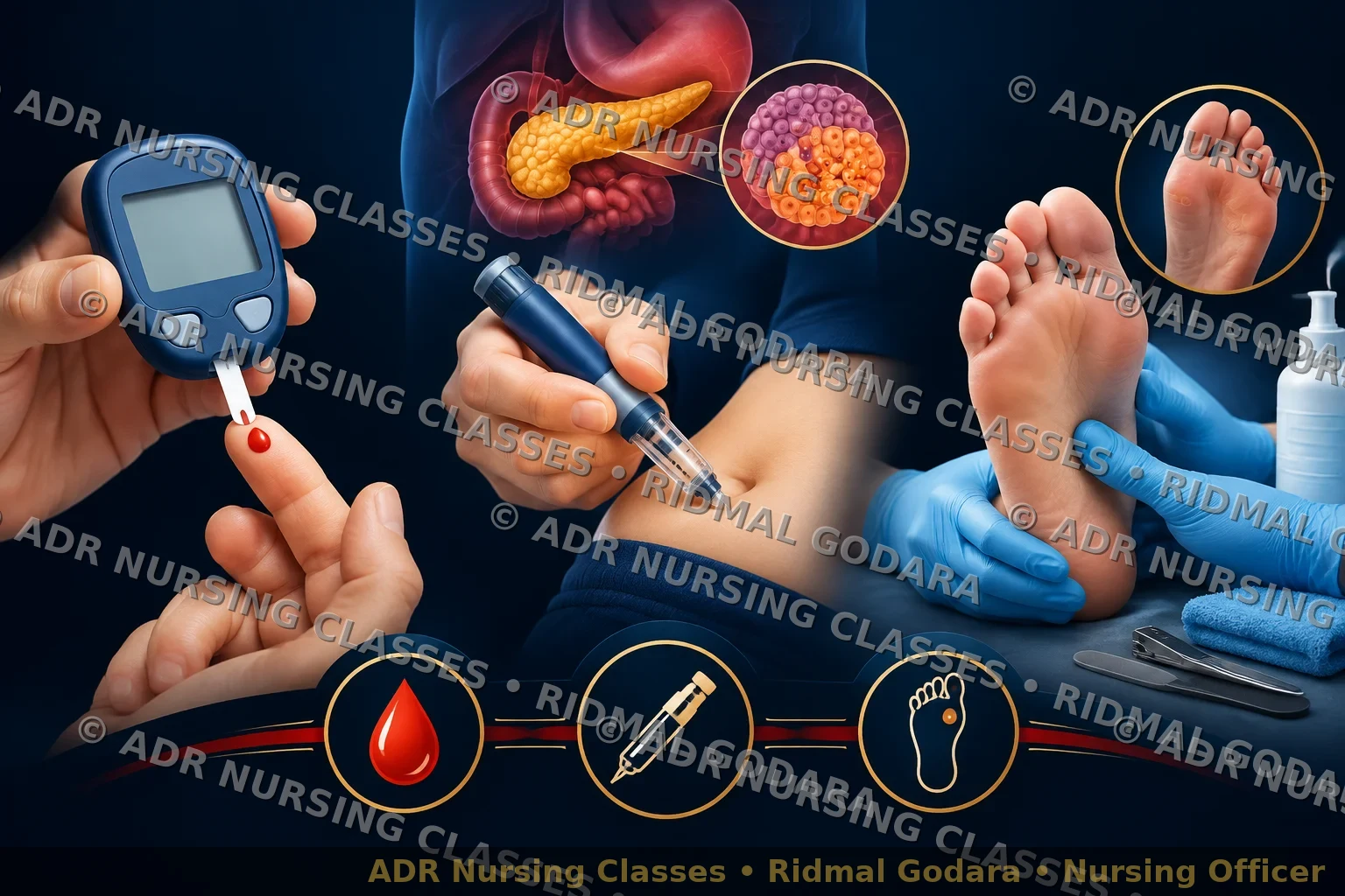 Educational diagram showing blood glucose monitoring, insulin administration, and diabetic foot care