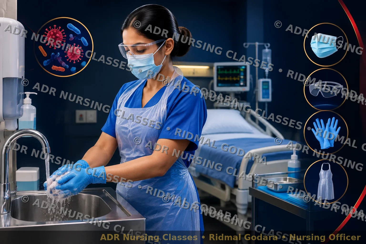 Nurse performing hand hygiene and wearing appropriate personal protective equipment during patient care