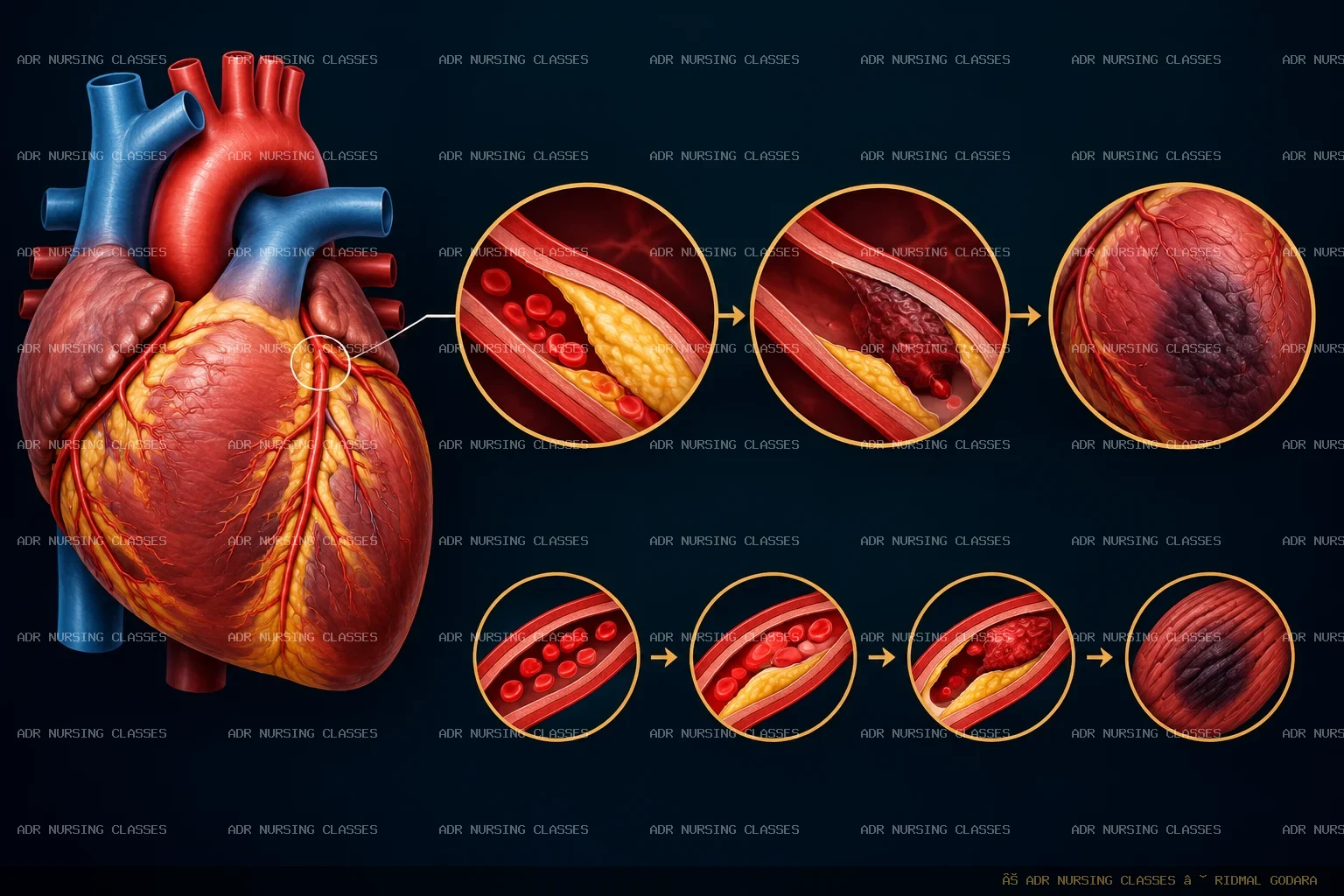 Diagram showing coronary artery blockage, reduced blood flow to the heart muscle, and myocardial infarction