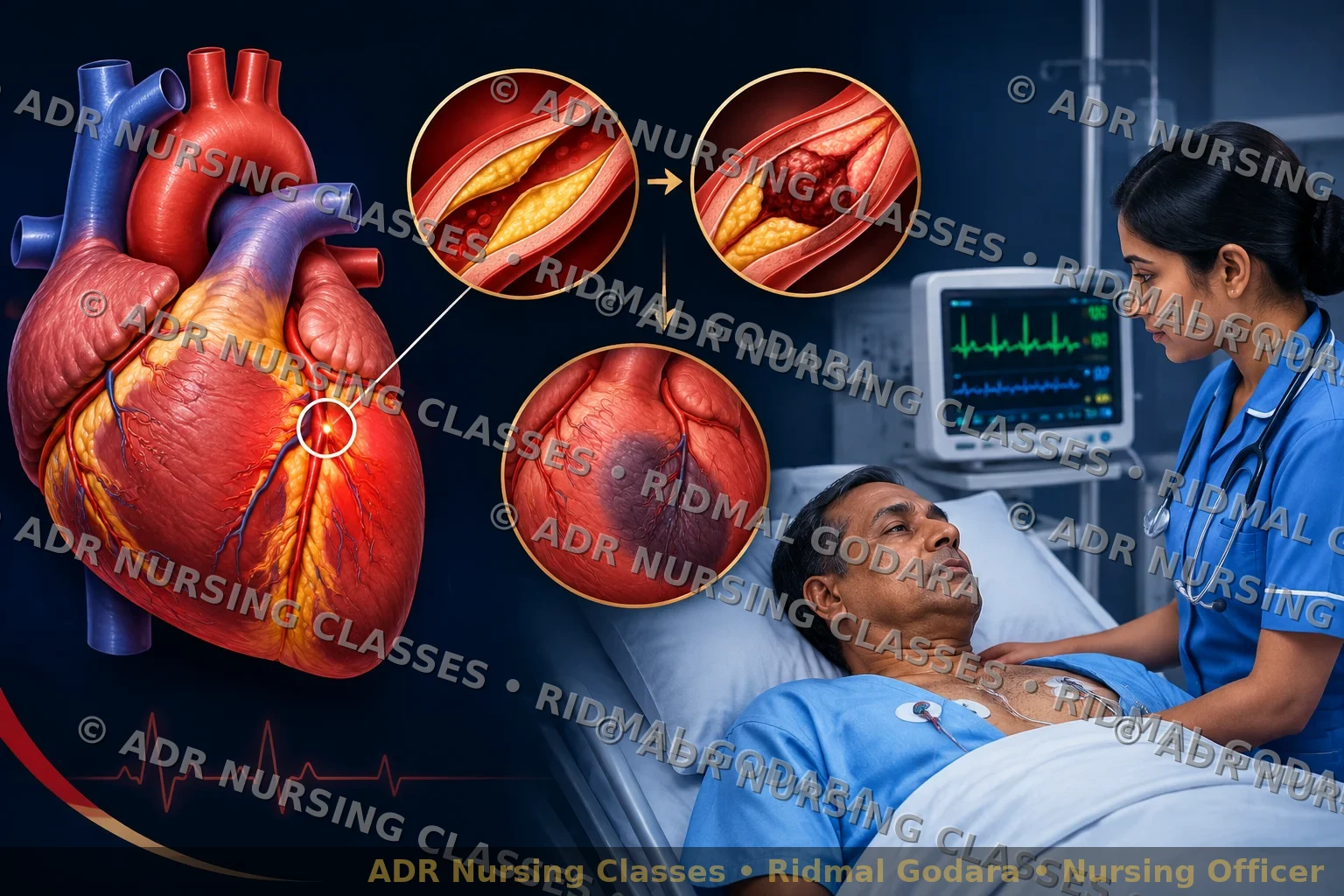 Diagram showing coronary artery blockage, myocardial ischemia, and a nurse monitoring a patient with suspected myocardial infarction