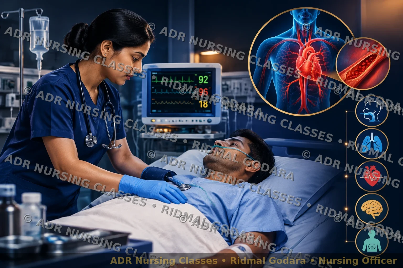 Nurse assessing a patient with suspected shock using a monitor and ABCDE approach in an emergency setting