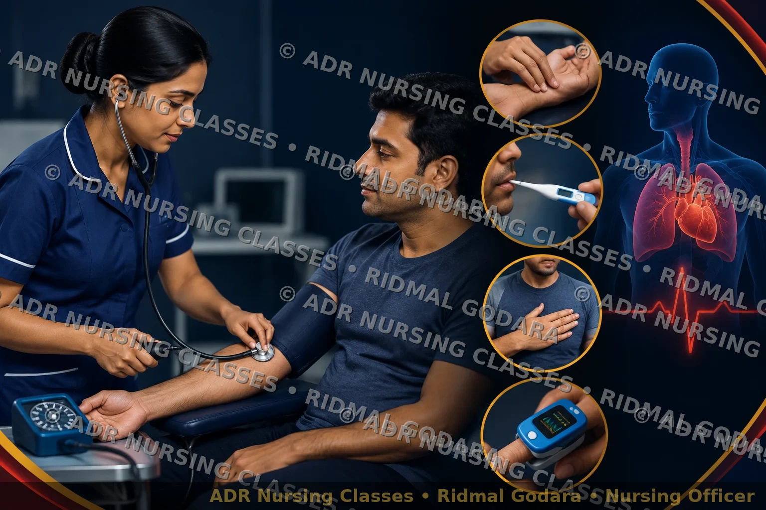 Nurse measuring an adult patient's blood pressure, pulse, temperature, respiratory rate, and oxygen saturation
